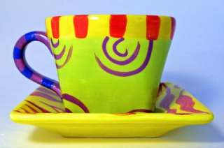Cup Saucer Square Jester Ceramic HandPtd Emmenegger NEW  