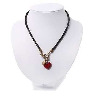  Black Leather Red Enamel Heart Charm Necklace With T  Bar 