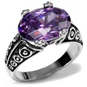 Stainless Steel Ornate Oval Amethyst CZ Cocktail Ring Size 5/6/7/8/9 