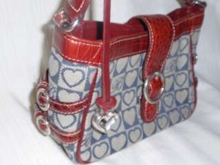   BRIGHTON Blue Jacquard Fabric with Hearts Brick Leather Trim Handbag