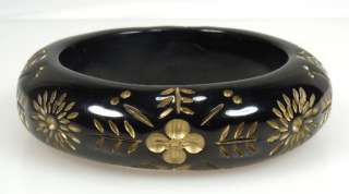 Vintage Faux Bakelite Carved Black Bangle Bracelet  