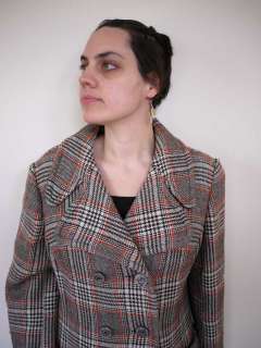Vtg 60s WOOL Houndstooth Plaid UK Made Over Coat Womens  