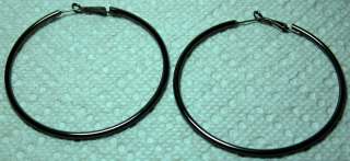   SILVER TONE CHARCOAL COLOR LARGE HOOP EARRINGS W/SECURE CLOSURE  