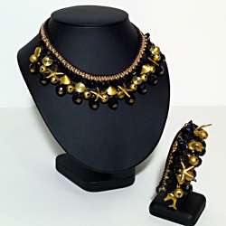 Handmade Onyx and Brass Beads Necklace and Bracelet Set (Thailand 