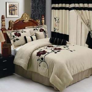   Rose Comforter Set in Black / Red / Tan   Queen