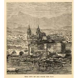  1888 Wood Engraving City Rio de Janiero Brazil Architecture 