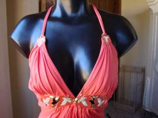 SKY TANGERINE HALTER TOP GOLD CRYSTAL LEAVES NWT S ,XS  