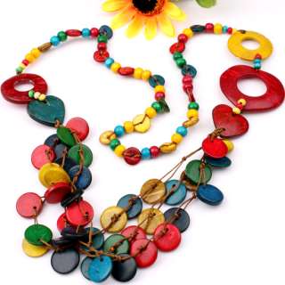 Handmade Multi color Coconut Shell Beads Necklace 34L  