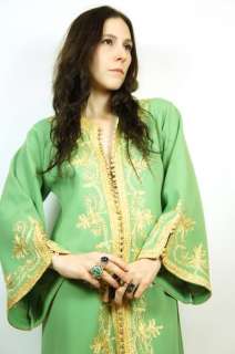 Vtg 70s Sage METALLIC EMBROIDERED Hippie GYPSY BELL SLEEVE Maxi CAFTAN 