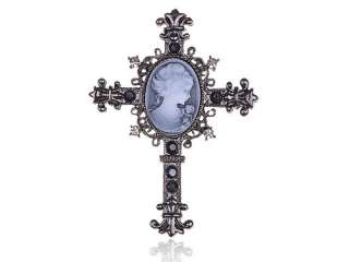   Black Crystal Rhinestone Cameo Cross Fashion Jewelry Pin Brooch  
