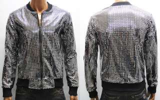 Mens Silver Metallic Shiny Plaid Zip Up Jacket S M / Fashion Club 