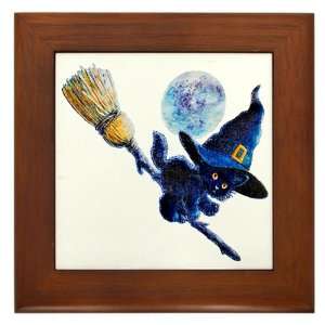   Framed Tile Halloween Holiday Kitten Witch on Broom 