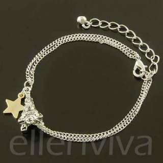 Lovely Eiffel Tower Paris and Star Charm Bracelet Silver and Gold Tone 