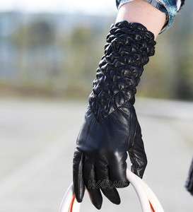   Middle long Real GENUINE KID LEATHER ruffle opera evening gloves Black