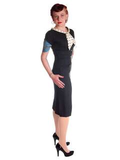 Vintage Black Sheath Dress 1950s Polka Dot Trim Sz 2  