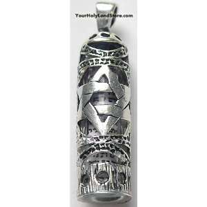 Sterling Silver Mezuzah Pendant with Shema Israel Scroll and Star of 