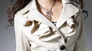   Fashion IVORY/BLK Ruffle Double Breasted Trench Coat 2 Color  