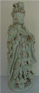 RARE CHINESE KWAN YIN CELADON SIGNED ANTIQUE STATUE~QING PERIOD NO 