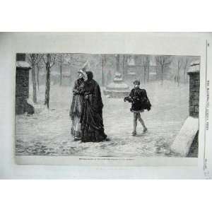   1870 Christmas Morning Olden Time Women Boy Snow Art