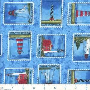 45 Wide Lighthouse Stamps Allover Blue Fabric By The 