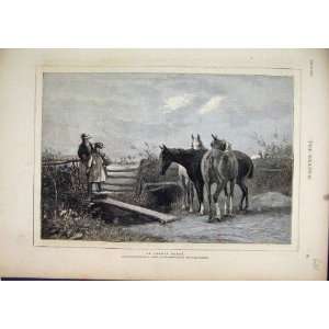  Little Girls Footbridge Horses Country Scene 1874
