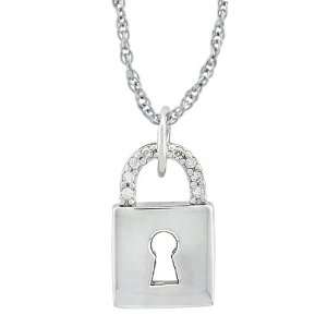 Platinum Plated Sterling Silver Lock Shaped Cubic Zirconia Pendant, 18 