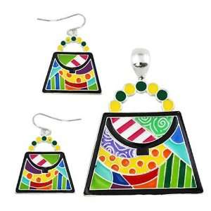  Multi Colored Epoxy Handbag Pendant and Earrings Set 