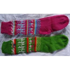  2 PAIRS SOCKS ALPACA with BLEND green and fuccia made in 