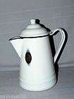   White Blue Trim Enamelware Coffee/Tea Pot Enamel Lid Kitchen NICE