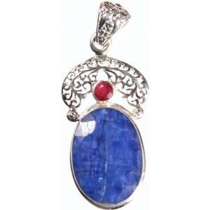  Faceted Blue Sapphire Pendant with Ruby   Sterling Silver 