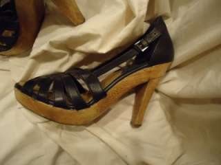Michael Kors Black Leather Open Toe Wooden Platform High Heel Shoe 