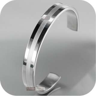 SILVER BRACELET BANGLE STAINLESS STEEL BRUSHED STRIPE MENS CUFF 