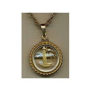  Barbados 5 Cent Lighthouse Two Tone Coin Cut Out Pendant 