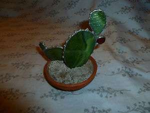 Vintage Stained Glass Cactus in a Pot Figurine  