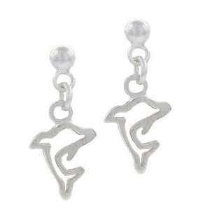   Sterling Silver Open Design Sea Dolphin Dangle Bead Earrings Jewelry