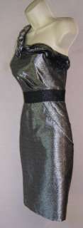BCBG MAX AND CLEO Silver/Black One Shoulder Lined Cocktail Evening 