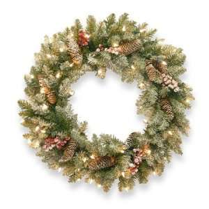 24 Dunhill Fir Wreath w/ Snow, Red Berries, Cones and 50 Snow Lights 