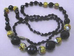 ART DECO FOIL GLASS & FRENCH JET BEAD NECKLACE 1920  