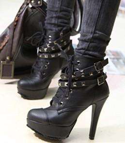   Studded High Heels Platform Lace up Ankle Boots Shoes Black US 5 8