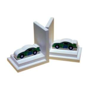   World Kids BG00036629 Green Stock Car Bookends   White Base  Pack of 2