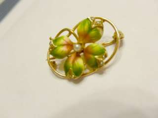   Antique 10K Gold Enamel Seed Pearl 4 Leaf Clover Pin Brooch  