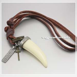 Mens Genuine Leather Necklace Wolf Tooth Pendant 4T013  
