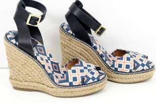 Tory Burch Blue Orange Leather Canvas Braided Rope Open Toe Wedge 