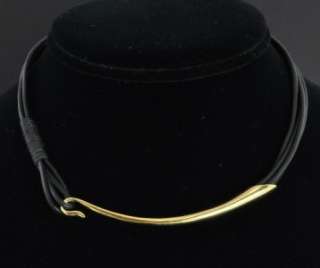  18K Yellow Gold Black Cord Wire Abstract Choker Hook Designer Necklace