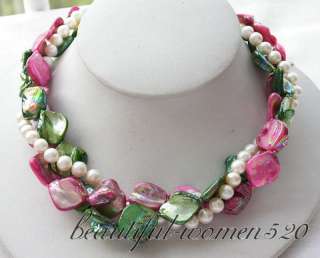 3row 17 green red shell white round pearl necklace  