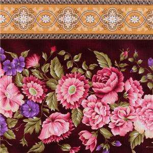   Marianne Elizabeth Black Pink Mauve Gold Floral Border Stripe Fabric