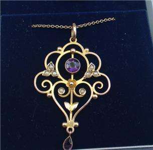 VICTORIAN AMETHYST AND SEED PEARL PENDANT AND CHAIN  