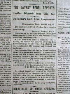 1864 CW newspaper STONEWALL JACKSON WOUNDED Battle of Chancellorsville 