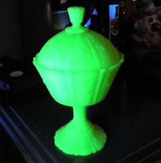   Custard Glass pedestal footed covered Candy Dish blacklight GLOWS