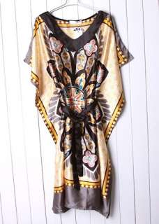 Womens BOHO Vintage V Neck Summer Scarf Dress S M H027  